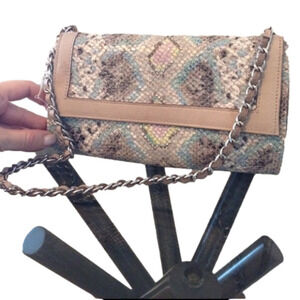 Clever Carriage company,CoMulti colored snake"skin" clutch, genuine Leather.